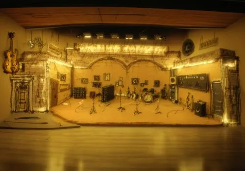 An old recording studio, with musical instruments. A music booth  on the right side, a brick building on the outside. Golden guitar hanging above the main trance on the left. Theatrical scenic desing 