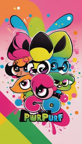 Create a fun and colorful Powerpuff Girls logo for a children's party.,pushpin,pushpins,tutti frutti,party banner,cd cover,putt,pura,putty,puroresu,logo header,purpurite,punk design,puri,punk,pop art 