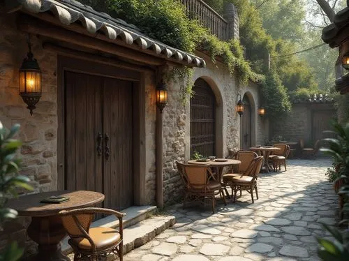 tavern,medieval street,courtyard,patios,wine tavern,auberge,knight village,terrasse,courtyards,bistro,medieval town,patio,tavernas,ristorante,alpine village,quaint,medieval,tuscan,wooden door,old linden alley,Photography,General,Realistic