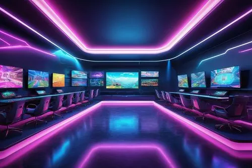 computer room,3d background,game room,ufo interior,monitor wall,cyberscene,neon,spaceland,spaceship interior,cybercafes,aesthetic,80's design,computerized,neon coffee,cartoon video game background,the server room,cinema 4d,cyberspace,neon light,neon colors,Illustration,Paper based,Paper Based 04