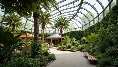 Vibrant botanical gardens, lush greenery, exotic plants, steel framework, transparent glass roofs, curved lines, minimalistic design, natural ventilation systems, automatic irrigation systems, misting