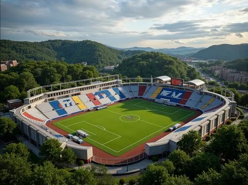 Rolling hills, lush greenery, natural stone walls, modern soccer stadium, sleek curved lines, vibrant team colors, floodlights, scoreboard, spectator seats, grassy fields, athletic tracks, sports equi