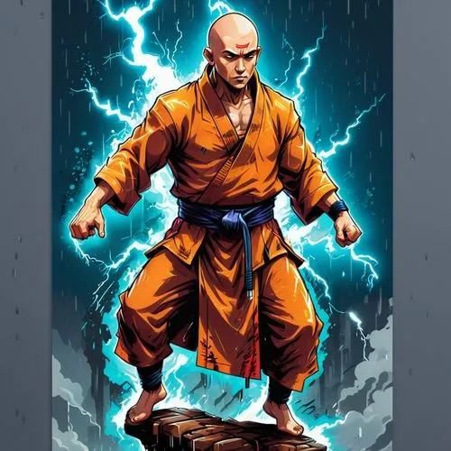 a hyper-realistic battered, bruised and battle tested cyberpunk style bald monk in rags standing on a pillar doing karate moves in the rain with heat lightning in the background,the man is standing on