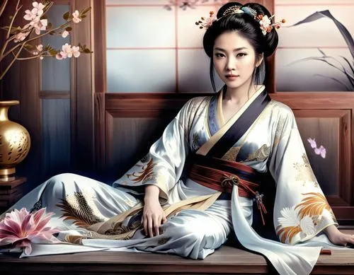 a woman sitting on a bench in front of flowers,geisha,kuanyin,daiyu,chuseok,diaochan,geiko,Illustration,Realistic Fantasy,Realistic Fantasy 01