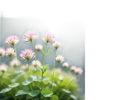 White clover flowers, pink petals, green leaves, delicate stems, soft focus, shallow depth of field, warm natural light, 3/4 composition, close-up shot, vibrant color tone, gentle texture, realistic d