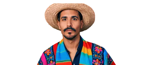 Mexican man, traditional clothing, embroidered shirt, sarape, sombrero, thick mustache, dark skin, bright eyes, strong facial features, festive atmosphere, vibrant colors, warm lighting, shallow depth