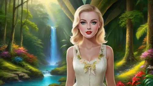 Romantic masterpiece oil painting, beautiful girl portrait, nostalgic 1950's style kitsch, vibrant rainforest landscape, lush tropical jungle paradise, beautiful natural scenery, lost wilderness cotta