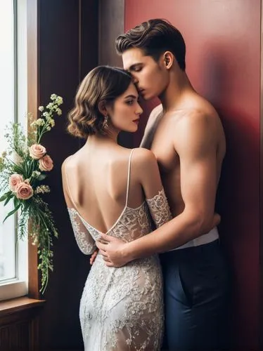 Create an elegant couple in love that will show off your best work.,a man and woman wearing wedding dress standing next to each other,wedding photo,pre-wedding photo shoot,wedding couple,vintage man a