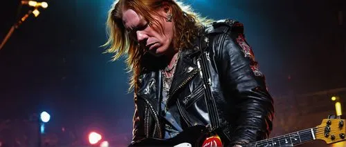 Rockstar, Axl Rose inspired hair, black leather jacket, ripped jeans, silver belt buckle, guitar playing, cityscape background, neon lights reflecting off wet pavement, skyscrapers, bustling streets, 