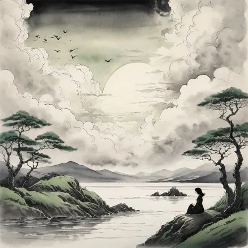 ukiyoe,burchfield,lake tanuki,an island far away landscape,muramasa,ugetsu,Illustration,Paper based,Paper Based 30