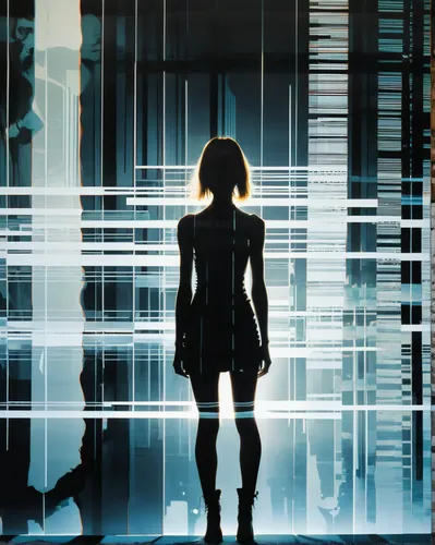 transistor,woman silhouette,silhouette,luminous,matrix,heavy object,nerve,glass wall,cyberpunk,cyber,futuristic,silhouette art,metropolis,light space,rei ayanami,art silhouette,scifi,virtual identity,asuka langley soryu,glass,Illustration,Paper based,Paper Based 12