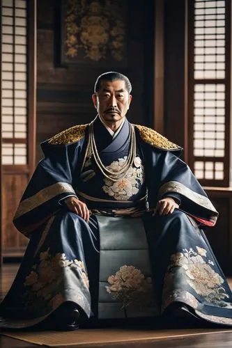 long portrait, manly Japanese Emperor, sitting with a intricate japanese attire, photorealistic, dramatic photography, professional composition, high definition, very detailed photography, soft contra