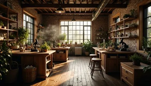 apothecary,loft,herbology,kitchen interior,kitchen shop,indoor,the kitchen,workbenches,kitchen,working space,greenhouse,houseplants,laboratory,home interior,the shop,perfumery,dispensary,pantry,house plants,chefs kitchen