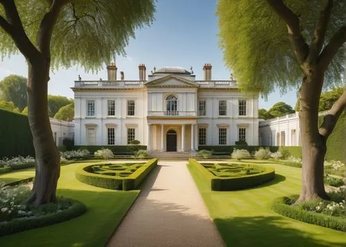 Chiswick House, luxurious mansion, British architectural style, grand facade, white stone walls, large windows, intricate wooden doors, ornate roof, chimneys, English garden, lush greenery, vibrant fl