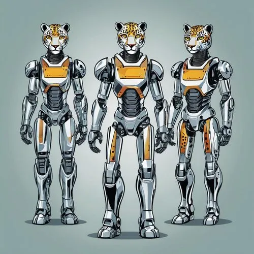 tea party, big reunion, multiple female robots, robot body, all-metallic skin, all-metallic exterior, anthropomorphic jaguar, female jaguar, jaguar face, jaguar tail, metal tail, animal head, visible 