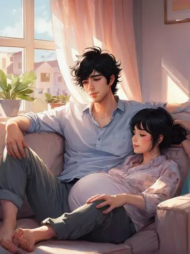 Mpreg, anime, male pregnancy, belly button, soft facial expression, gentle smile, messy black hair, subtle blush, casual wear, oversized shirt, loose pants, bare feet, sitting on couch, cozy living ro