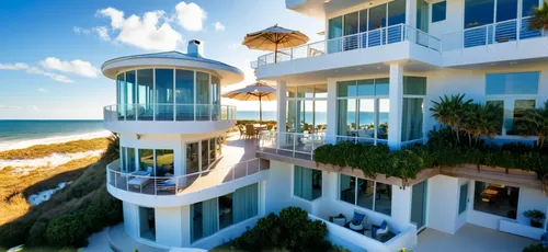 Nestled along the coastline of Florida, a breathtakingly beautiful White 21 century style House Style  commands a panoramic view of the ocean, and large waves, perched majestically on the edge of impo