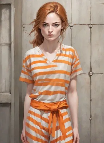 prisoner,david bates,orange,prison,orange robes,jumpsuit,pajamas,horizontal stripes,clementine,girl in cloth,nora,girl with cloth,pjs,eleven,liberty cotton,striped background,lilian gish - female,murcott orange,portrait of a girl,portrait background,Digital Art,Character Design