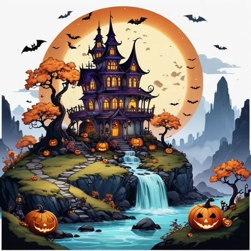 halloween background,halloween wallpaper,halloween border,halloween illustration,halloween scene,witch's house,Illustration,Abstract Fantasy,Abstract Fantasy 11