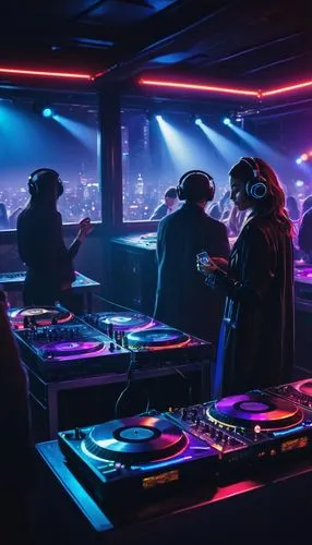 nightclub,turntablists,turntablism,nightclubs,turntables,djs,turntablist,spaceland,khakrez,cyberpunk,dj,neon cocktails,dance club,nighthawks,dj party,serato,clubbing,djing,datsik,cyberpunks,Illustration,Black and White,Black and White 15