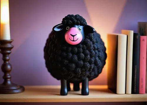 black sheep ornament, ceramic material, glossy finish, detailed wool texture, cute facial expression, pink nose, sparkly eyes, standing posture, on a wooden shelf, in a cozy living room, surrounded by