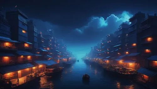 harbor,danshui,docks,lanterns,shanghai,floating huts,yamatai,venetian,world digital painting,shaoming,fantasy city,fishing village,harbour city,huzhou,atmosfera,night scene,kowloon,guangzhou,fenghuang,harbour,Illustration,Japanese style,Japanese Style 13