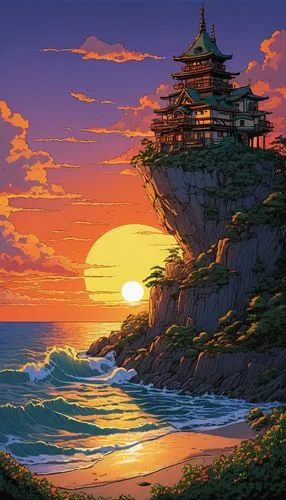 japan landscape,coast sunset,tsukemono,japanese waves,芦ﾉ湖,studio ghibli,jeju,landscape background,fukushima,sea landscape,beach landscape,coastal landscape,world digital painting,an island far away landscape,fantasy landscape,japan,cliffs ocean,japanese background,bonsai,rising sun,Illustration,American Style,American Style 01