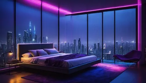 sleeping room,modern room,bedroom,great room,purple wallpaper,bedroom window,yotel,bedrooms,sky apartment,colored lights,ultraviolet,purple,night light,glass wall,neon lights,nightscape,purple and pink,night lights,chambre,purples,Art,Artistic Painting,Artistic Painting 49