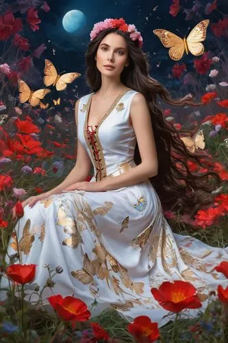 fantasy picture,celtic woman,fantasy art,persephone,diwata,faerie,splendor of flowers,fairy queen,faery,margairaz,rosa 'the fairy,fairy tale character,butterfly background,beautiful girl with flowers,fantasy woman,flower fairy,yellow rose background,fantasy portrait,flower background,oriental princess,Illustration,Realistic Fantasy,Realistic Fantasy 42