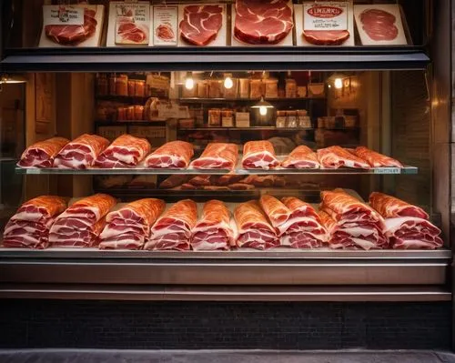 Shopping street in Madrid, shop window of a traditional butchers shop,  Traditional Spanish Bocadillos with Iberico Jamon Laid Out in a Slide on a Shop Window ,meats and vegetables are displayed in th