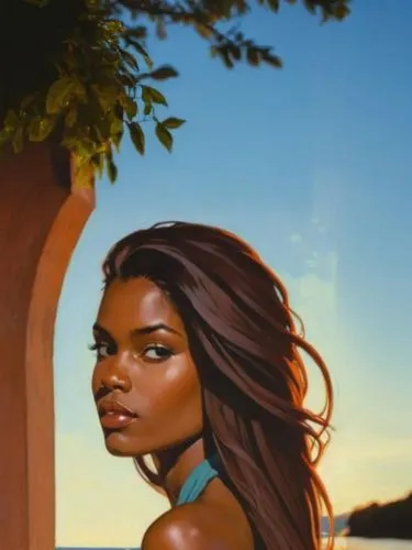 a girl standing in front of the water with a tree and rock,nefaria,azilah,vrih,candace,taraji,lumidee