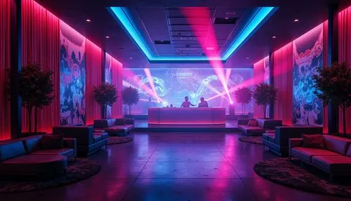 Vibrant nightclub, pulsating lights, dark mysterious atmosphere, rich velvet curtains, glossy dance floor, neon-lit bar, futuristic laser beams, strobe lights, dynamic DJ booth, surround sound system,