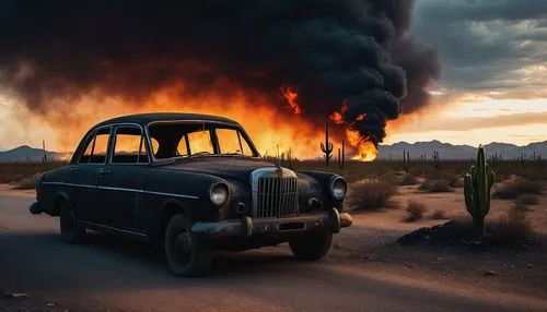 Abandoned car, flames engulfing, smoke billowing, no driver, empty seats, broken windows, charred black paint, melted tires, roadside, desert highway, cacti nearby, dusk, ominous clouds, dramatic ligh