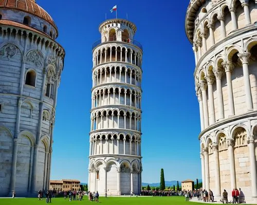 Tower of Pisa, architecture, Italy, historic, iconic, leaning tower, white marble, Romanesque style, intricate stone carvings, ornate arches, column details, bright sunny day, clear blue sky, lush gre