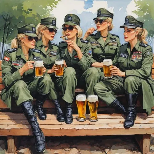 nato female officers, chillin', smoking, on bench, off hat, holding beers, at break,servicewomen,servicewoman,bundesheer,bavarians,glasses of beer,bundeswehr,servicemen,beer garden,conscripts,sergeant