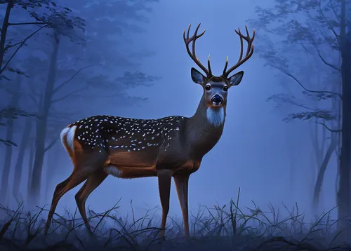 Picture a startled deer in a dense fog, its eyes glowing with fear and uncertainty.,whitetail,european deer,whitetail buck,deer illustration,pere davids male deer,male deer,dotted deer,fallow deer,spo