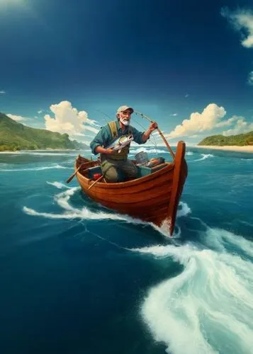 A fisherman catching fish on a boat,boatman,canoeist,oarsman,travelocity,world digital painting,donsky,canoer,photoshop manipulation,watercraft,rowing boat,speedboat,boatmen,photo manipulation,adrift,