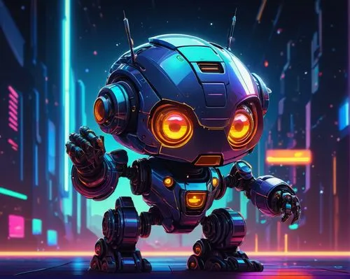 Cute ai-generated sprite, cartoon style, pixel art, vibrant colors, glowing eyes, dynamic pose, action scene, futuristic background, neon lights, sci-fi elements, robotic parts, metallic texture, shin