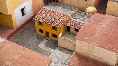 barrio de casas ,terracotta tiles,view from above,lalibela,inside courtyard,courtyard,miniature house,pueblo,terracotta,view from the roof,from above,alhambra,medina,escher village,overhead view,essao