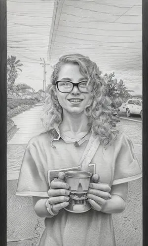 pencil frame,camera illustration,camera drawing,graphite,coffee tea illustration,girl drawing,silver framed glasses,chalk drawing,woman drinking coffee,girl with cereal bowl,pencil drawing,pencil art,