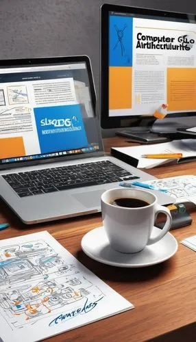 Modern digital design book, open on a wooden desk, surrounded by scattered papers, pencils, and a cup of coffee, second edition cover with vibrant blue and white colors, bold font title "Computer Arch