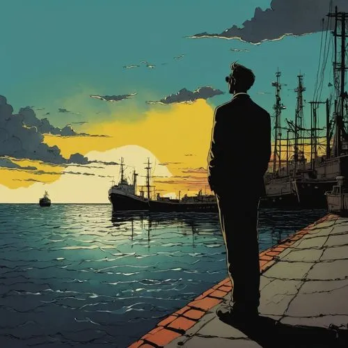 seafarer,arnold maersk,game illustration,maritime,harbor,seafaring,silhouette of man,man silhouette,arthur maersk,vincent van gough,travel poster,vintage illustration,background image,man at the sea,exploration of the sea,south pacific,ocean liner,docks,hans christian andersen,docked,Illustration,Paper based,Paper Based 21