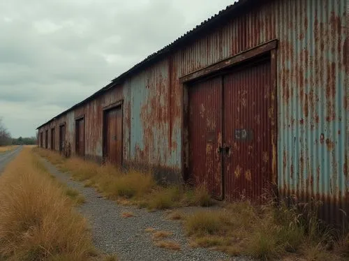 Rustic corrugated iron walls, weathered metal texture, industrial aesthetic, distressed finishes, rural landscape, abandoned factory setting, overcast sky, warm natural light, shallow depth of field, 