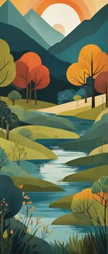 river landscape,brook landscape,autumn landscape,david bates,forest landscape,Illustration,Vector,Vector 08