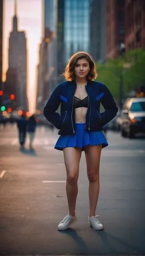 a photography of a beautiful caucasian girl 23 years old,  brown small hair, wearing a blue jacket  black bra and blue miniskirt stand up in a street at sunset in New York as background in 4k,plus-siz