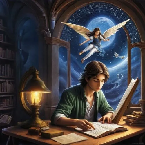 fantasy picture,magic book,sci fiction illustration,fantasy art,scholar,hogwarts,cg artwork,astronomer,the annunciation,study room,tutor,3d fantasy,divination,writing-book,fantasy portrait,librarian,fairytales,harry potter,magical adventure,fairy tale