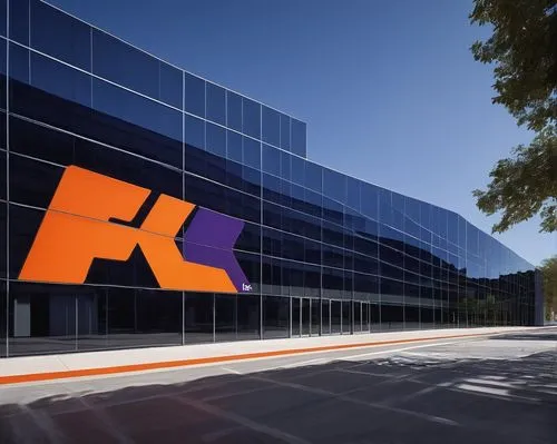 FedEx, architectural prints, modern office building, blue and orange logo, glass and steel structure, sleek lines, urban cityscape, daytime, clear sky, reflective windows, concrete pavement, minimal l