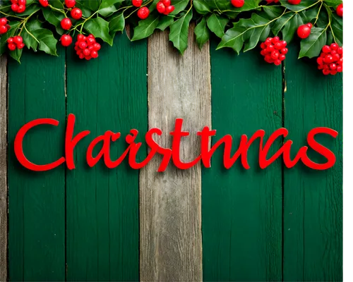 Merry Christmas, festive sign, golden glitter font, bold red letters, green holly leaves, shiny red berries, snowflakes falling, wooden plank background, rustic texture, soft focus, warm lighting, sha