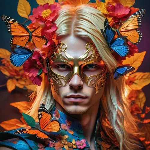 masquerade,golden passion flower butterfly,golden wreath,fantasy portrait,kahila garland-lily,golden mask,monarch,flower fairy,fairy peacock,golden flowers,aquaman,photoshoot butterfly portrait,laurel wreath,venetian mask,gatekeeper (butterfly),butterfly floral,elven flower,bodypainting,male elf,morpho peleides,Photography,Artistic Photography,Artistic Photography 08