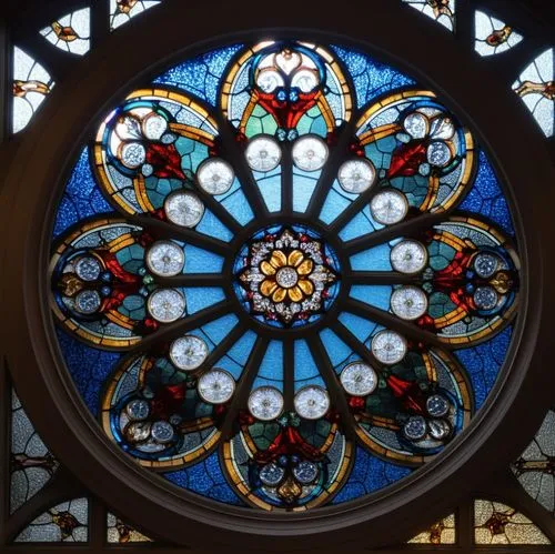 vitral, roseta,a close up of a large stained glass window,stained glass window,stained glass,church window,round window,stained glass windows,church windows,Photography,General,Realistic